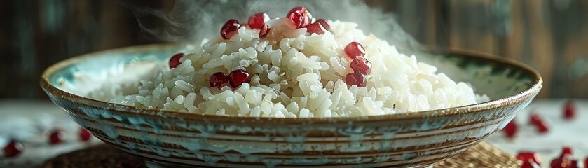 A beautiful ceramic bowl filled with steamy white rice garnished with fresh pomegranate seeds, offering a gourmet and delicious presentation.