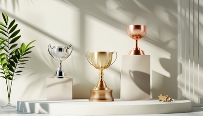 A winner's podium scene with gold, silver, and bronze trophies, emphasizing success and competition, suitable for sports and award ceremony themes