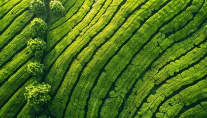 Fototapeta premium An aerial view of a green tea field, showcasing the lush patterns of the plantation from above, ideal for backgrounds related to agriculture, organic farming, and landscape views