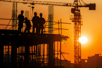 Silhouette of construction workers on the construction site in sunrise