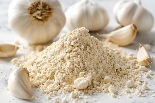 A close-up image of garlic powder with fresh garlic bulbs and cloves on a marble surface, showcasing its natural texture and culinary uses.