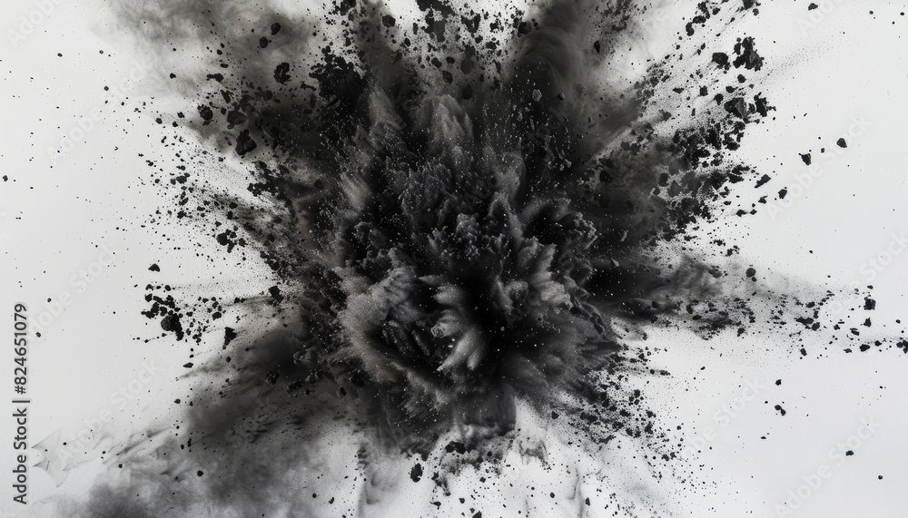 Wall mural a dynamic explosion of black charcoal powder against a white background, creating an abstract patter