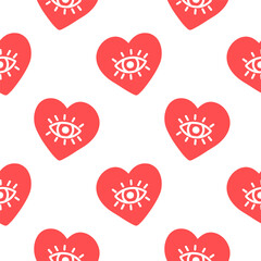 Seamless pattern with pink hearts with eyes