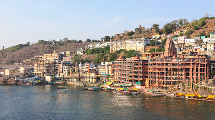 View of Shri Omkareshwar Temple and Mandhata Riverine Island, Omkareshwar, Madhya Pradesh, India.