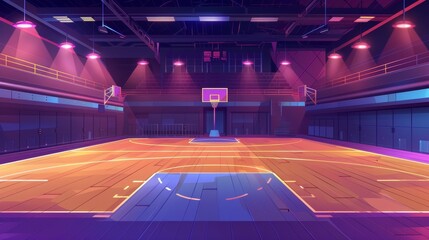 Modern illustration of a basketball court with wooden floor. Indoor stadium with lights cartoon design. Championship or tournament. Sports arena with team games concept.