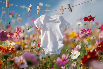 A baby onesie is hung on a string with wooden clips in the middle of a colorful flower field