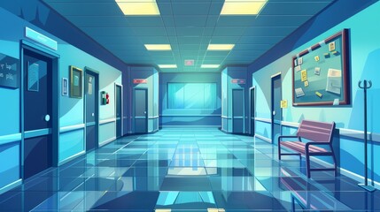 An illustration of a hospital hallway emergency room with a cartoon background