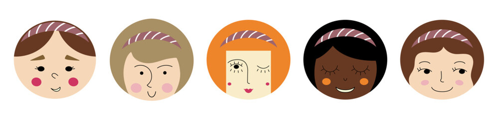 Character pack, young girlish faces. Cartoon creatures, various stickers, female countenance. Colored vector illustration.