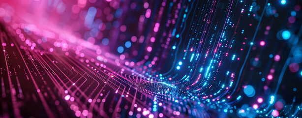  neon glowing lines and data flow against a dark backdrop, accentuated by pink and blue light streaks. The blurred abstract futuristic technology scene highlights dark tones