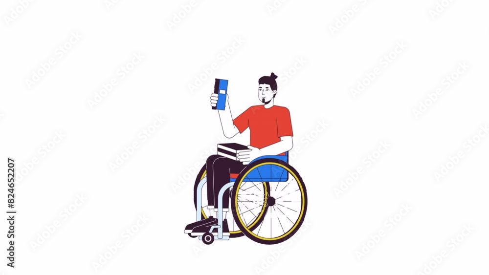 Poster caucasian man reader in wheelchair line 2d character animation. disability inclusion flat color cart