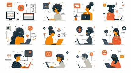 Social media concept illustrations. Set of people vector illustrations in various activities of social network, digital marketing, online communication, internet services