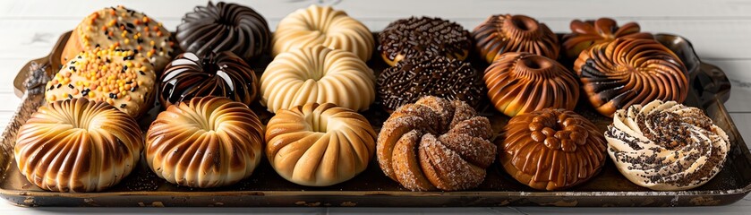 A delicious assortment of beautifully arranged freshly baked bread and pastries on a tray, perfect for breakfast or a brunch spread.