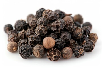 A close-up view of black peppercorns piled together, showcasing their texture and earthy color suitable for culinary and seasoning purposes.