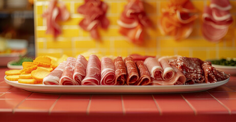 A small selection of lunch meats neatly organized on a table, background is a red and yellow office. Generative AI.
