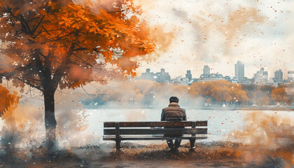 A man sits on a bench in a park with a tree behind him