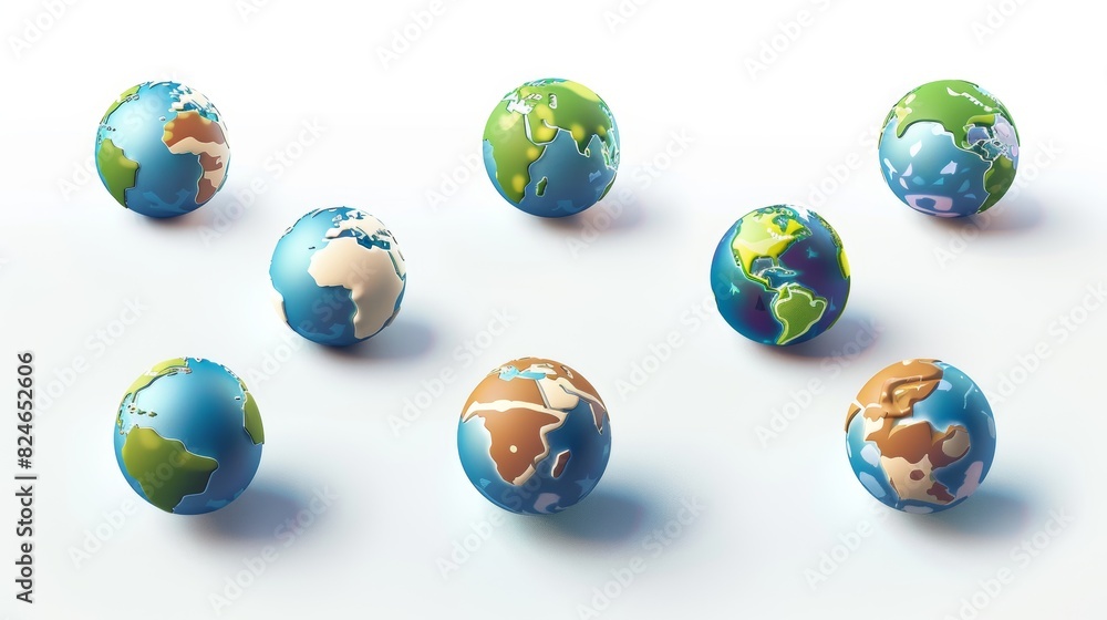 Poster three-dimensional rendering of the planet earth in different views. a set of cartoon icons that depi