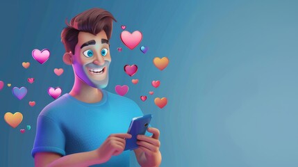 Cartoon character in blue shirt smiling and using smartphone with social network icons.