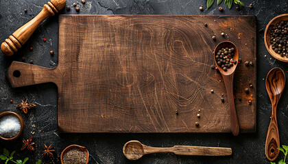 kitchen wooden board with wood spoon with black texture background generated by AI