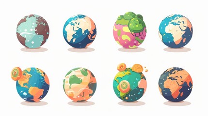 Planet earth icon set. Flat and line world planet earth icons - stock photos.