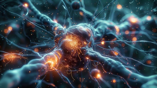 Metaphorical Parkinson's treatment, surreal deep brain stimulation with pulsating wires and electrodes, mind's labyrinth illuminated by glimmers of hope. Generative AI.