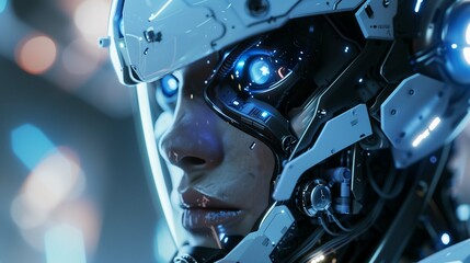 Fototapeta premium Female humanoid robot with blue eyes art digital. Advanced robotics wallpaper scene artwork. Artificial woman futuristic. Mechanical sophistication concept background image horizontal