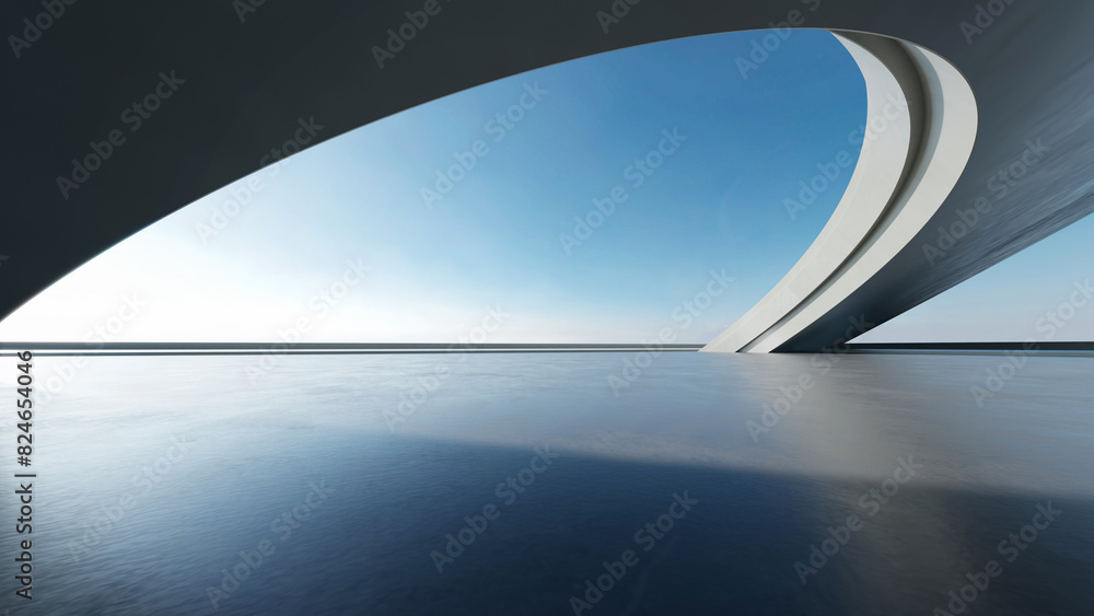 Poster 3d render of abstract futuristic architecture with concrete floor.