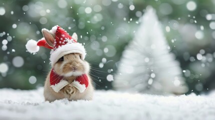 An adorable bunny dressed as Santa Claus is on a snowing background with a christmas tree in the background.