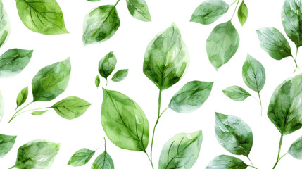 Delicate watercolor leaves in varying green hues on a white background with a soft texture
