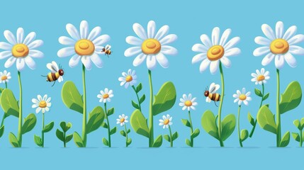 A modern illustration of daisy flowers with green leaves and bees on a blue background is shown here.