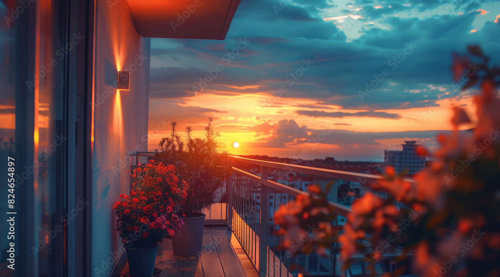 Wall mural rooftop sunset soft tones balcony warm blue soft light life vibes. generative ai.