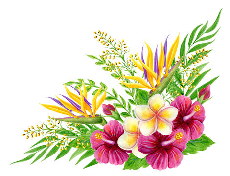 Tropical bouquet. Hand drawn watercolor painting with pink Hibiscus rose flowers and palm leaves. Tropic floral summer corner composition.