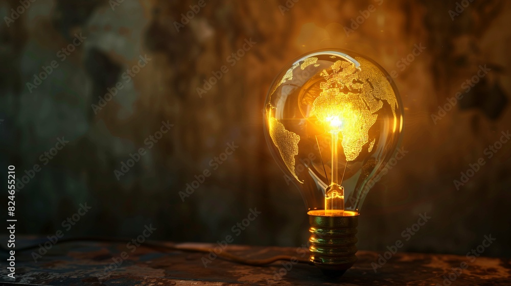 Poster light bulb depicting glowing world map on rustic surface closeup image. lightbulb close up photograp