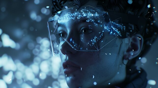 Young woman with futuristic digital overlays on face closeup image. Cybernetic display glasses female close up photography. Sci-fi concept photo. Blurred technological background picture
