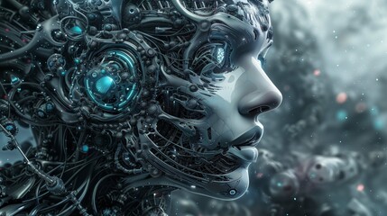 Complex robotic face with intricate mechanical details closeup image. Futuristic robot with blue eyes close up photography marketing. Innovation concept photo. Sci-fi technology picture