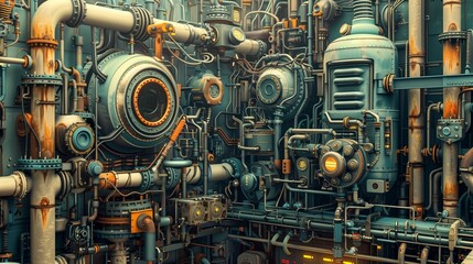 Intricate and detailed industrial machinery photo. Wall with variety of pipes, gauges, metal fittings image background wallpaper. Complex network of engineering concept picture realistic
