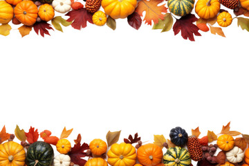 Harvest Bounty: A Bountiful Border of Pumpkins, Gourds, and Leaves on a White or Clear Surface PNG Transparent Background.
