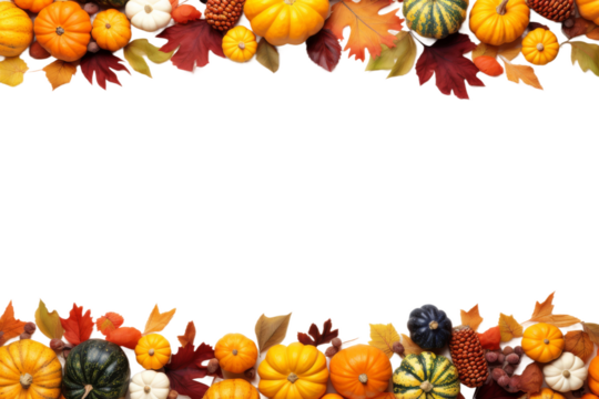 Harvest Bounty: A Bountiful Border of Pumpkins, Gourds, and Leaves on a White or Clear Surface PNG Transparent Background.