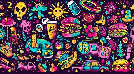 Collection of cartoon characters, doodle smile face, food truck, hamburger, heart, flower, pizza, world. Retro groovy hippie design for decorative and sticker use.