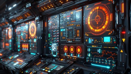 Futuristic spaceship control panel with glowing digital displays and interface.
