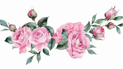 Isolated on white background, wreaths, floral frames, watercolor flowers pink roses, illustrations hand painted. Perfect work for greeting cards.