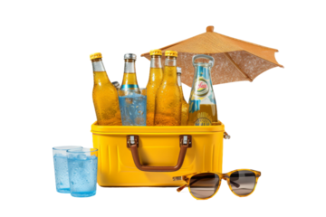 A Sunny Day Essentials - Yellow Cooler, Beer Bottles, Sunglasses, Umbrella on a White or Clear Surface PNG Transparent Background.