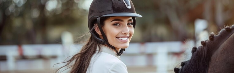 A woman with a helmet stands next to a horse