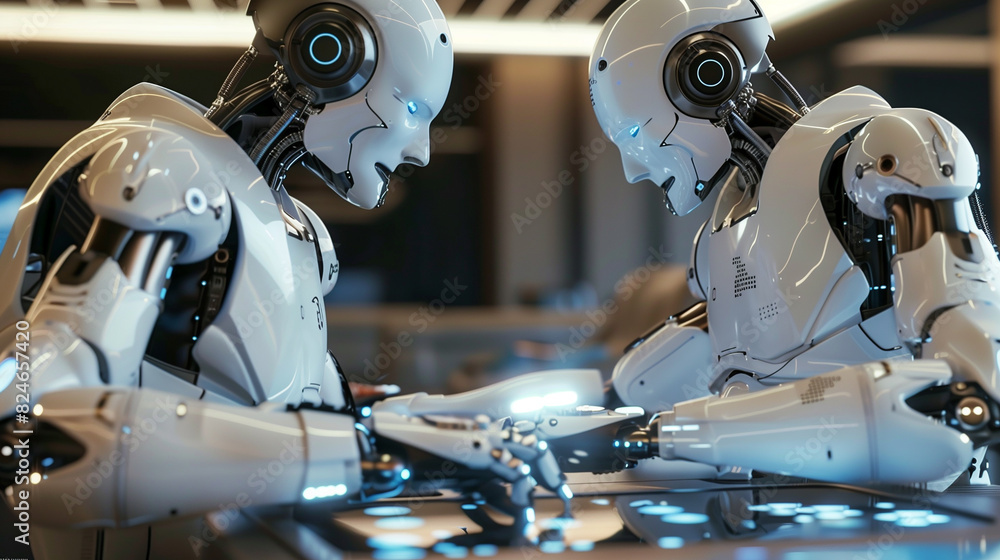 Poster two robots are playing a game of chess. one of the robots is wearing a white helmet. the robots are 