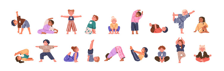 Kids exercising yoga. Children in asana and gym poses set. Cute little girls and boys, healthy sport activity. Child characters, toddlers stretch. Flat vector illustration isolated on white background