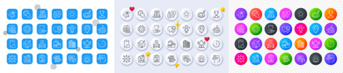 Skyscraper buildings, Microphone and Messages line icons. Square, Gradient, Pin 3d buttons. AI, QA and map pin icons. Pack of Jobless, Security network, Hold heart icon. Vector