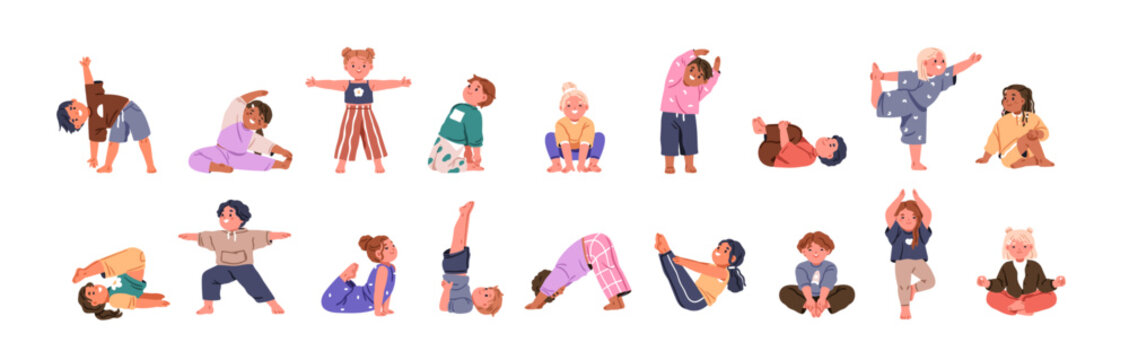Kids exercising yoga. Children in asana and gym poses set. Cute little girls and boys, healthy sport activity. Child characters, toddlers stretch. Flat vector illustration isolated on white background
