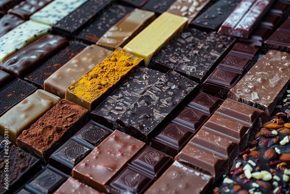Poster Various types of chocolate bars in different flavors neatly arranged on a table. Generative AI