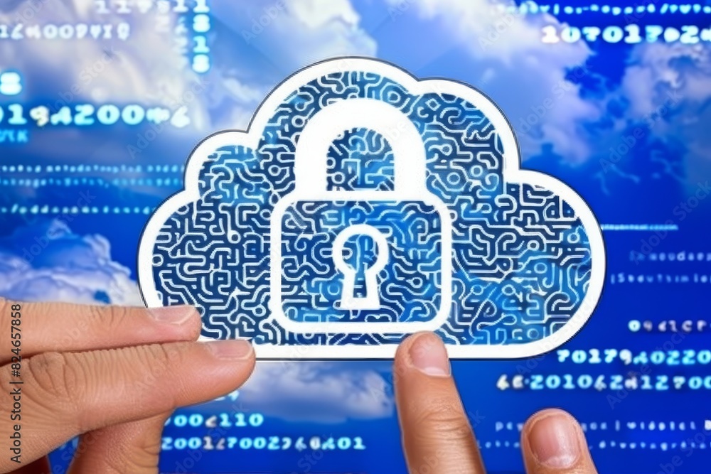 Poster touching digital cloud security lock on computer screen