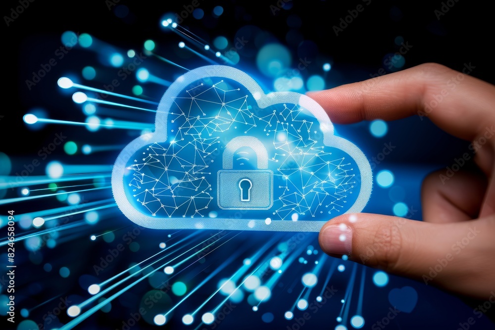 Poster touching digital cloud security lock in virtual network