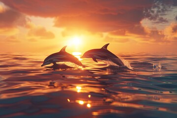 Playful dolphins leaping out of the water at sunset